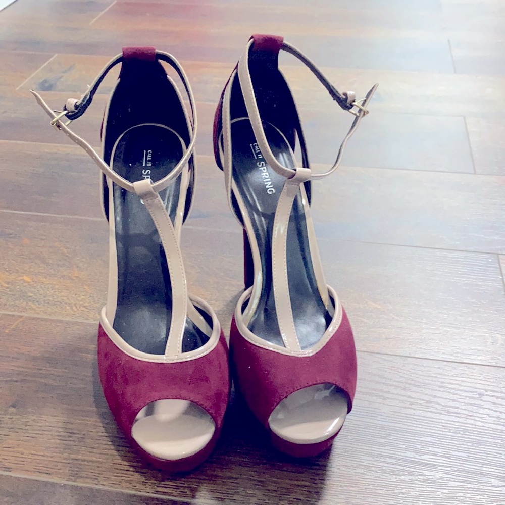 Platform Pumps. Wine pump with blush straps.